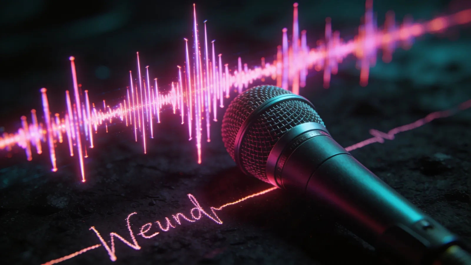 Glowing spiky audio waveform with studio microphone