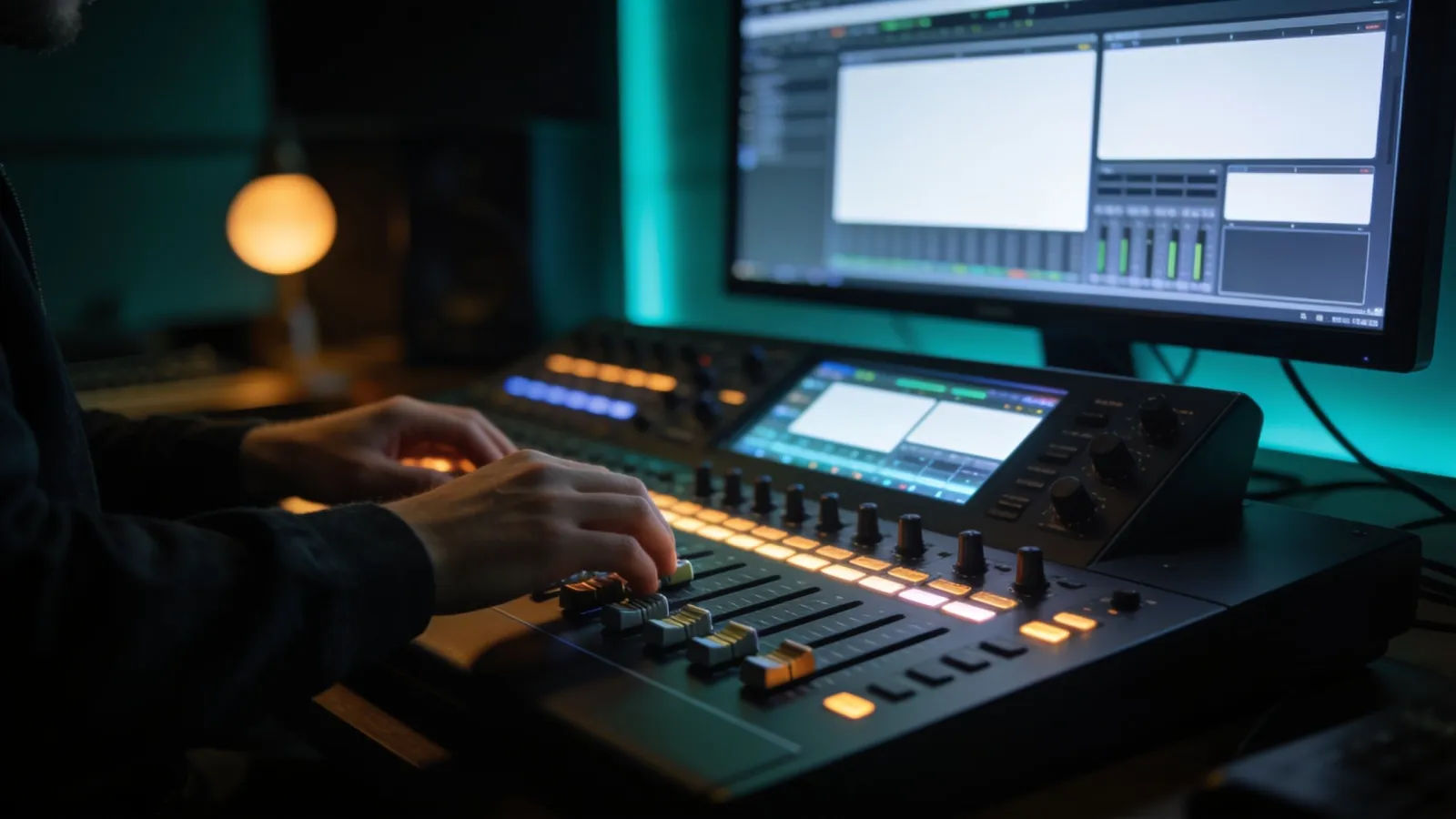 Hands at audio console with abstract UI