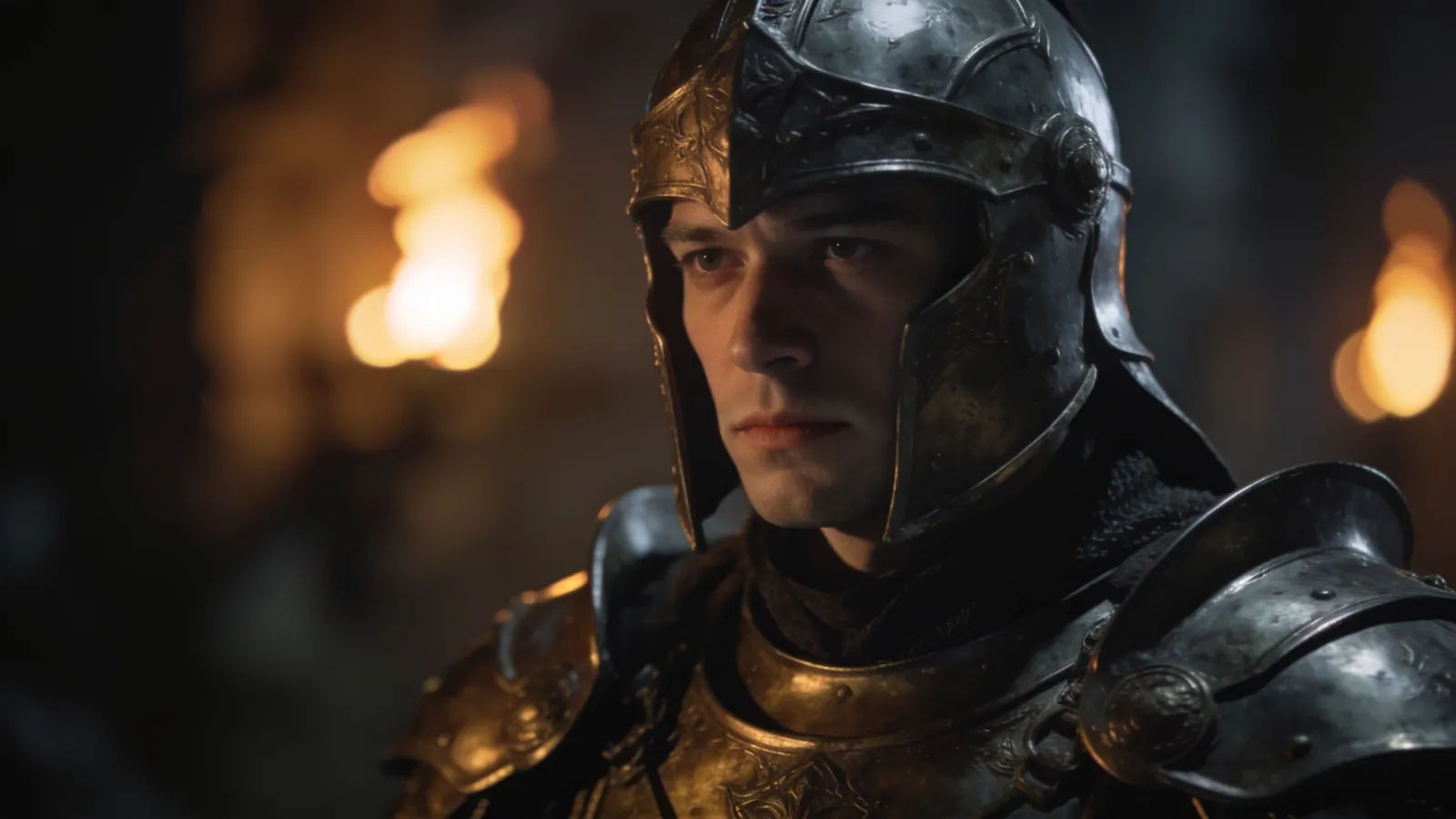 Resolute armored warrior in dramatic torchlit portrait