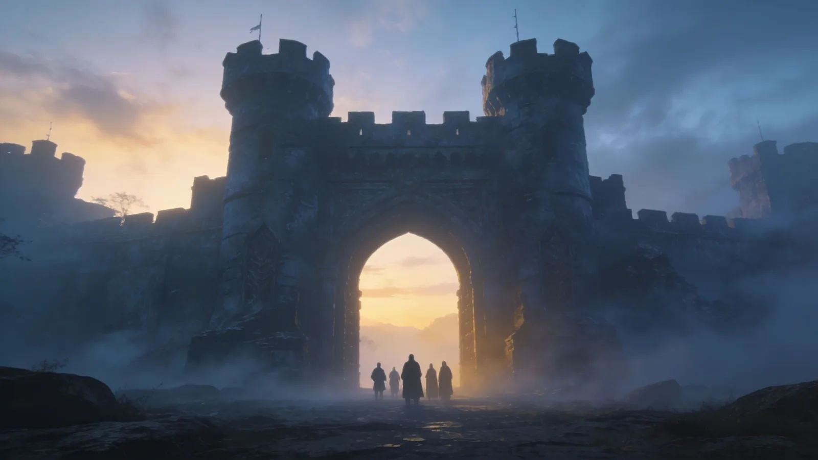 Figures standing firm before misty fortress gate