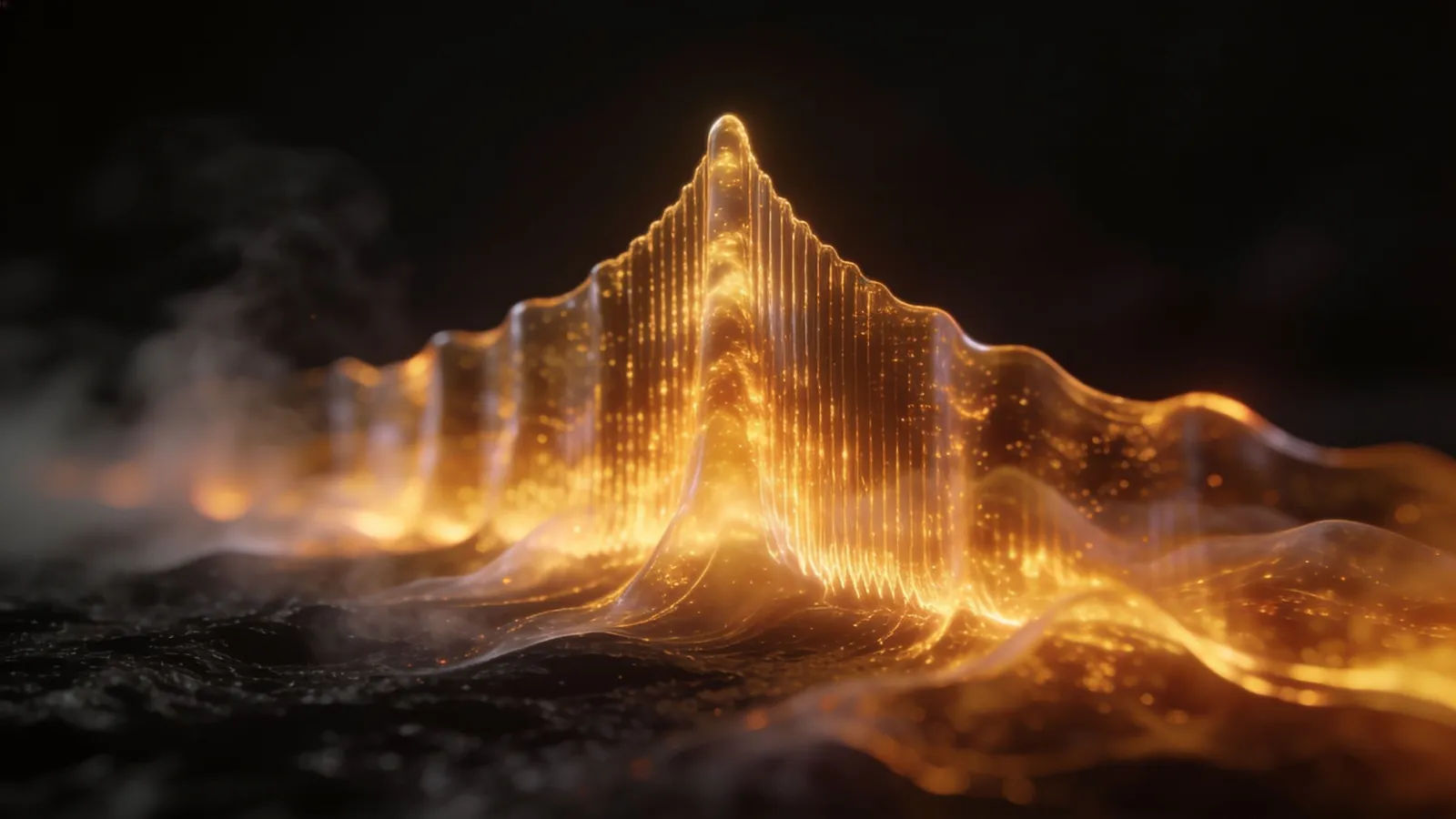 Glowing golden waveform rising on black