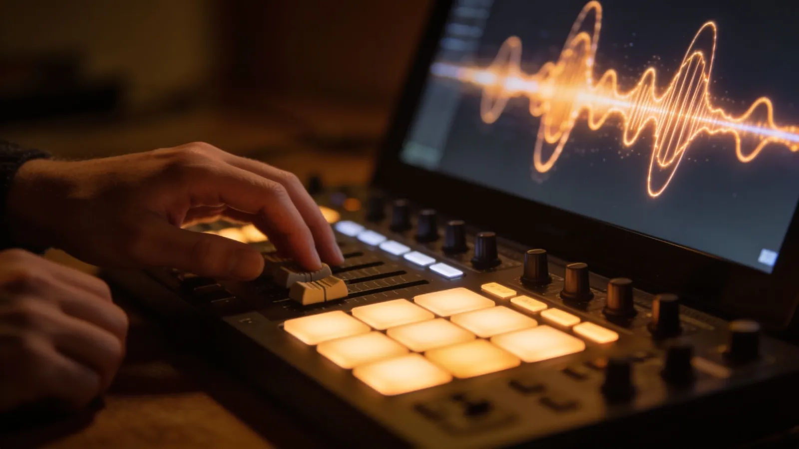 Hands at glowing audio console with waveform