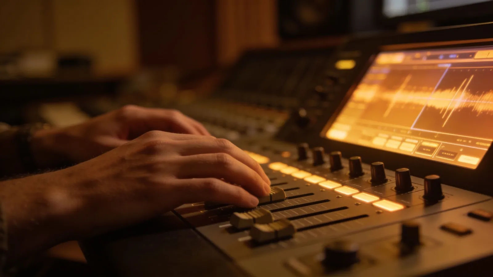 Hands at console with warm audio controls