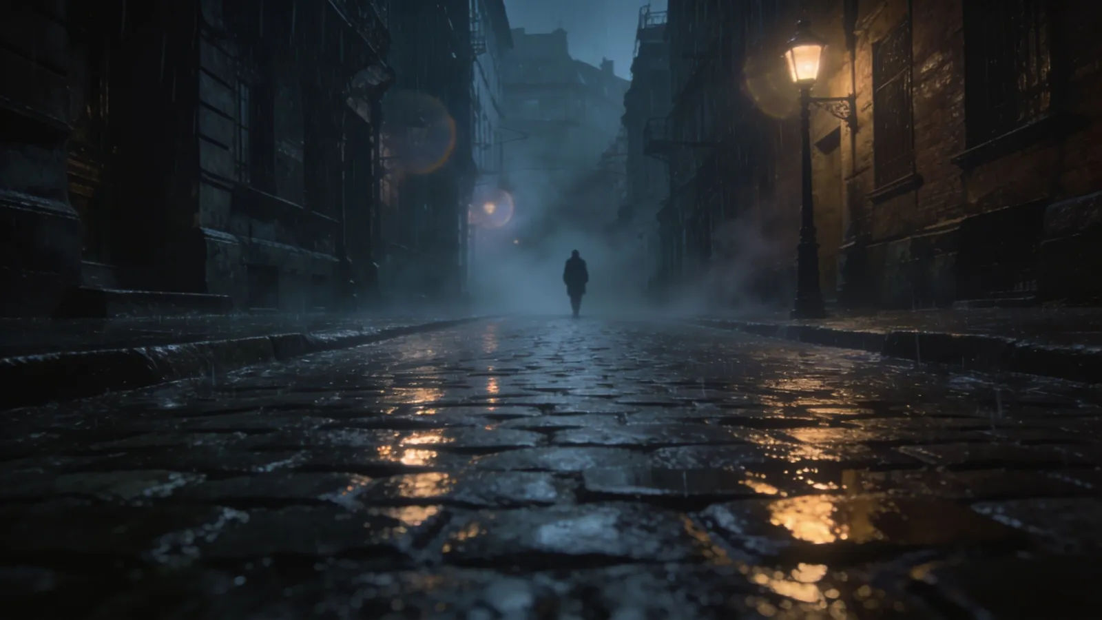 Rain-slick cobblestone street at night