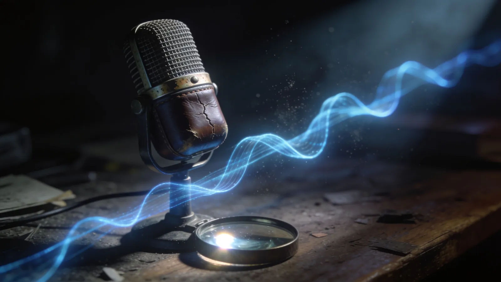 Vintage desk microphone with blue waveform