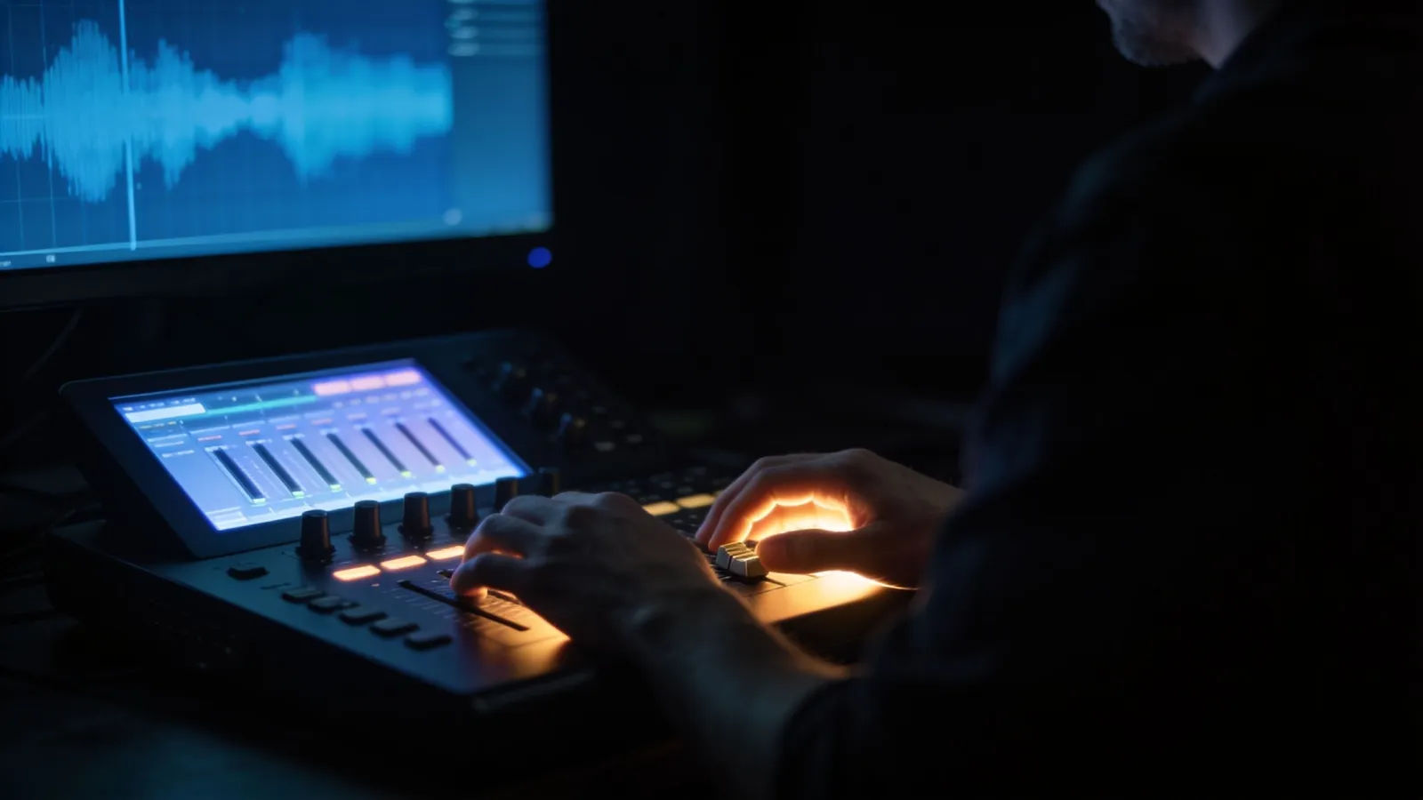 Hands on audio console in noir room