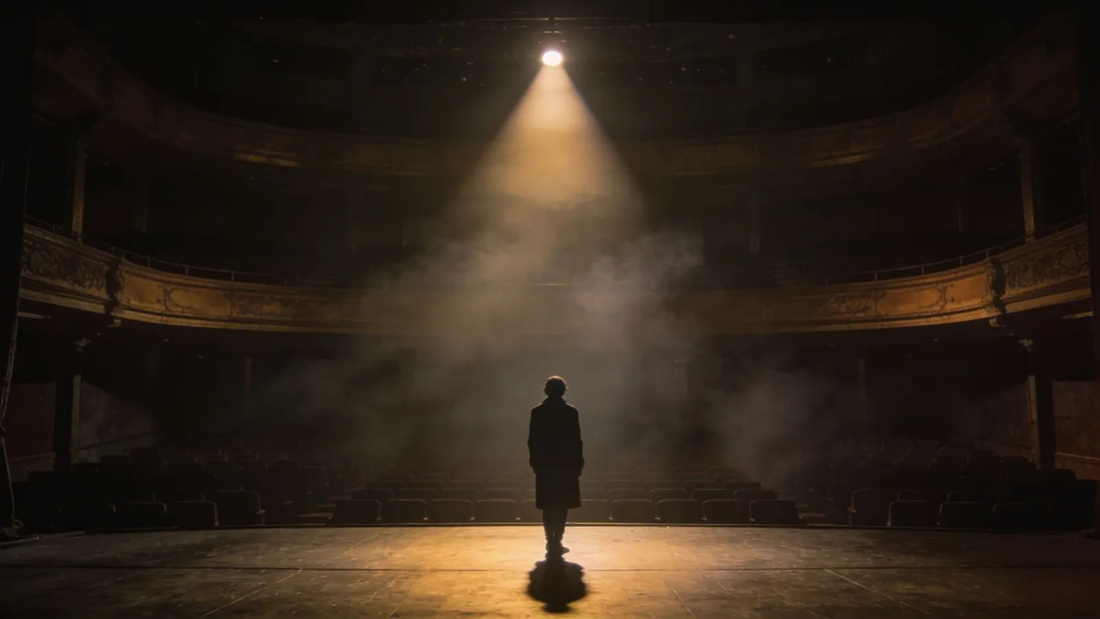 Lone figure on dim stage under single soft spotlight