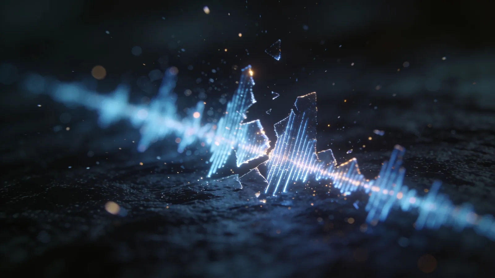 Stuttering fragmented glowing audio waveform on dark surface