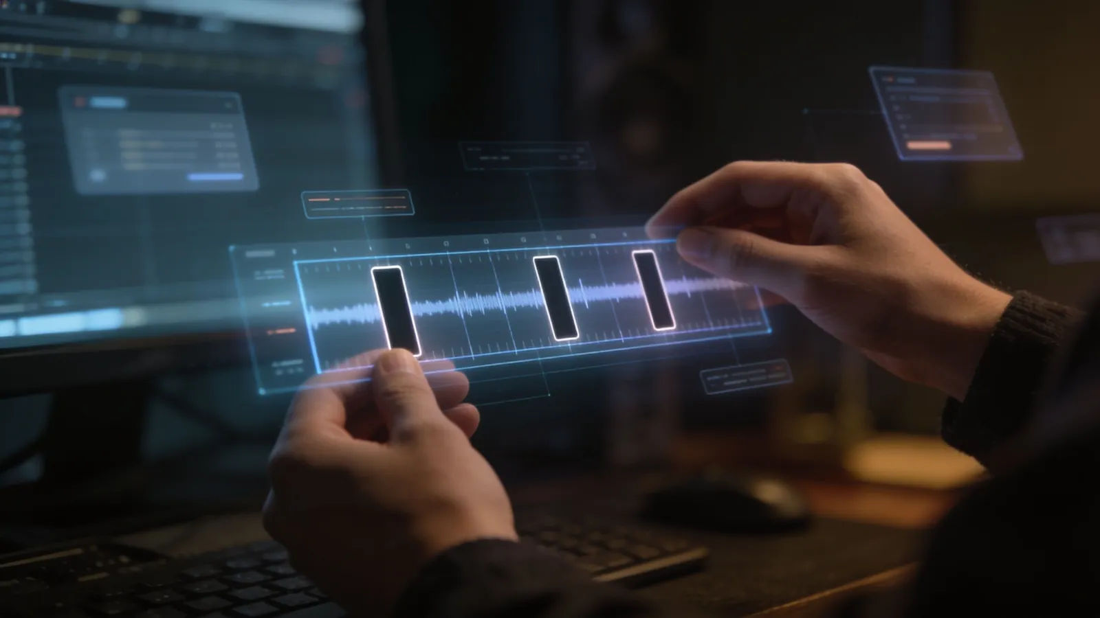 Hands adjusting holographic audio timeline with staggered gaps