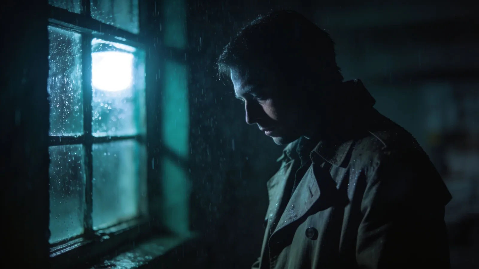Trench-coated figure half-lit by cold window glow