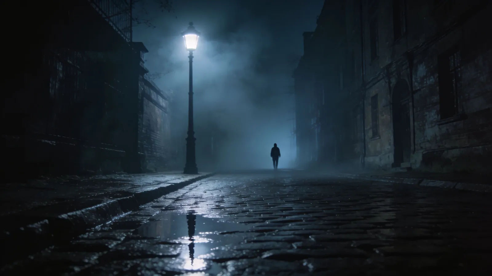 Foggy noir street at night with lone streetlamp