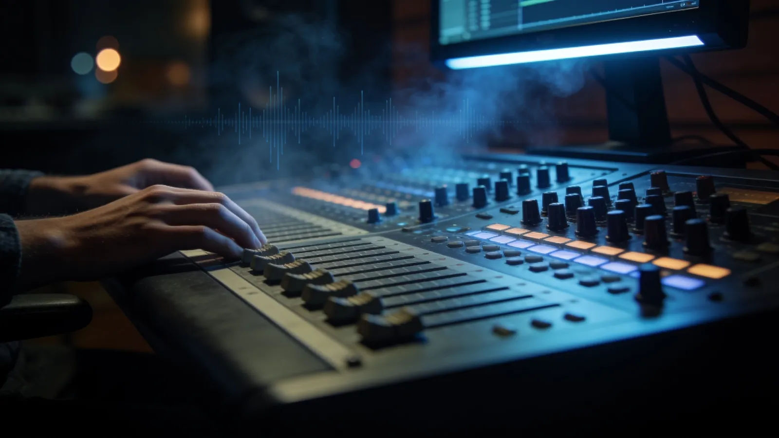 Hands on a mixing desk in cold blue light