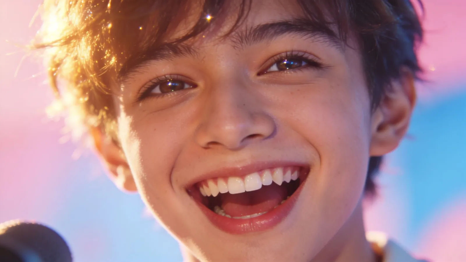 Giddy young host mid-laugh with sparkling eyes