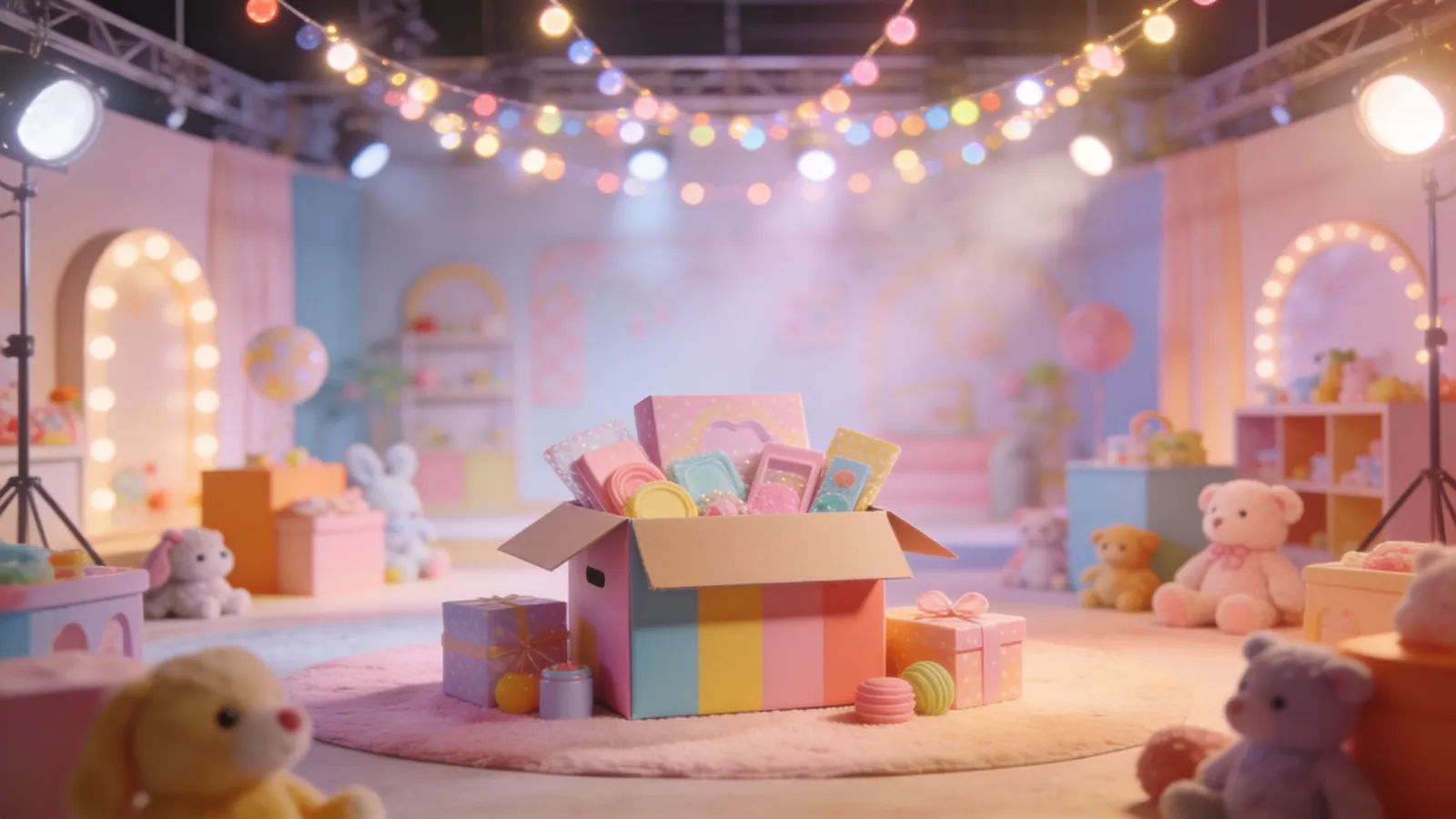 Colorful unboxing and kids-show studio set