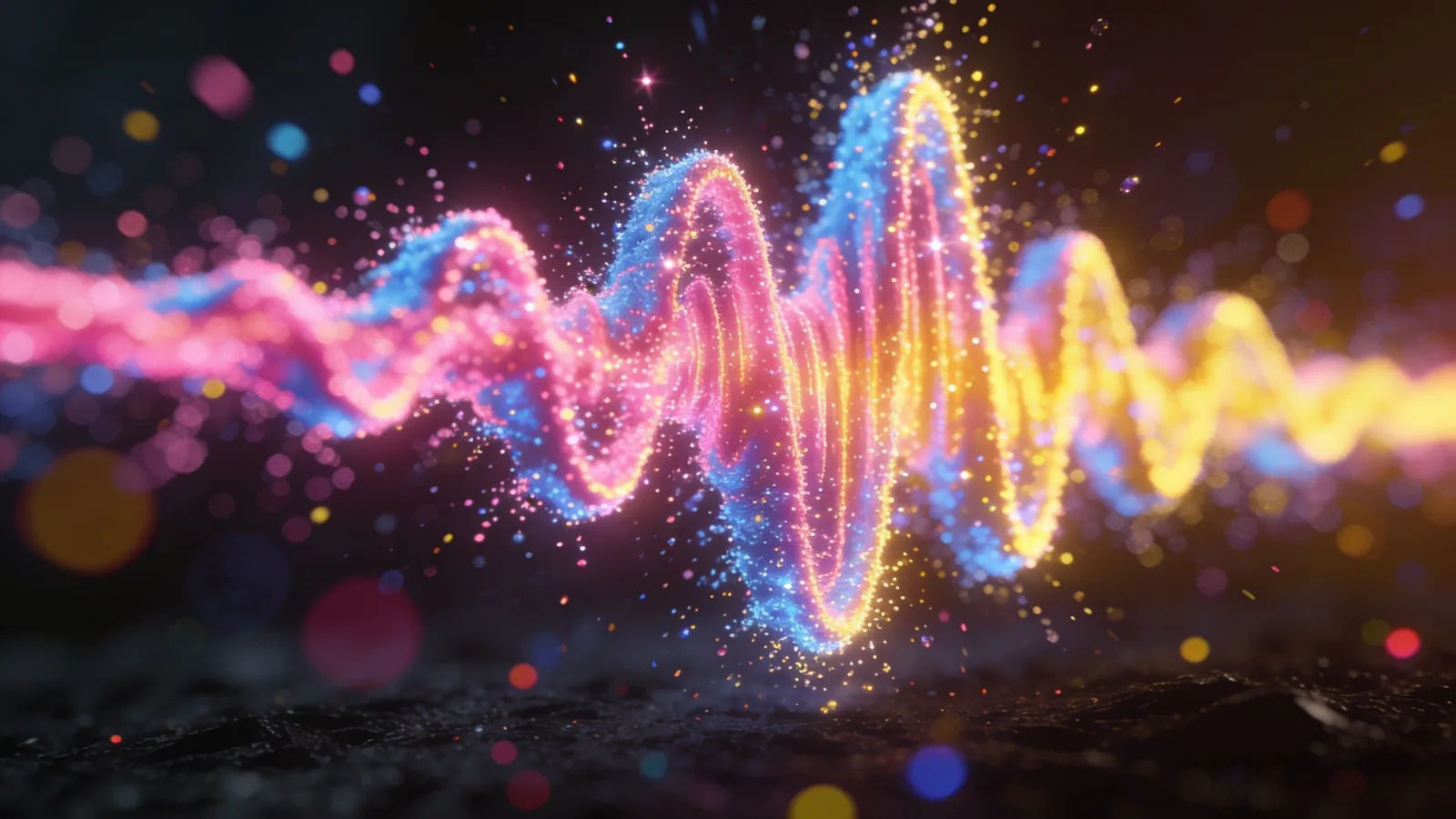 Bouncy candy-colored waveform with sparkling particles