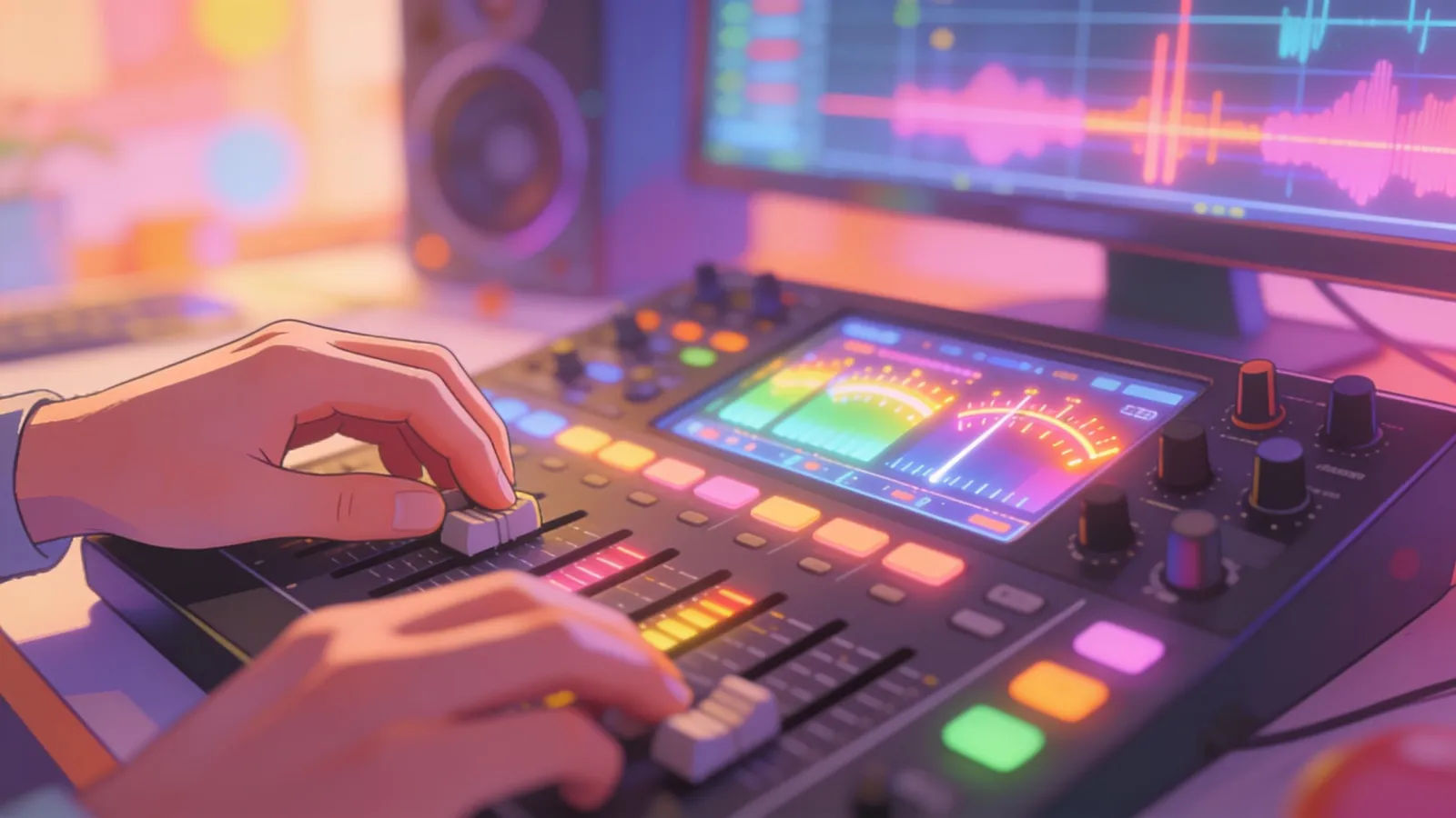Hands at a bright playful audio console