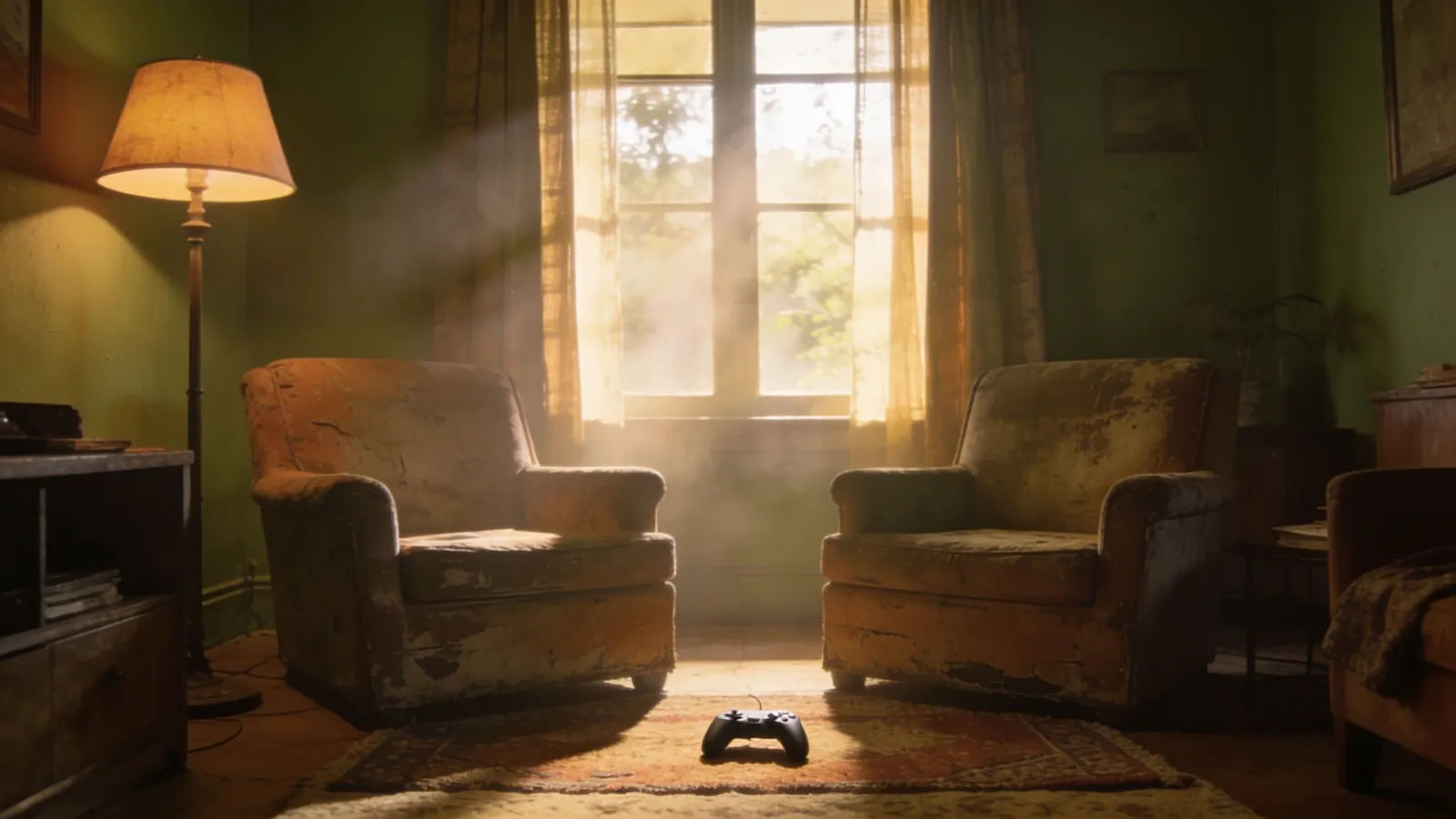 Cozy sunlit living room with game controller