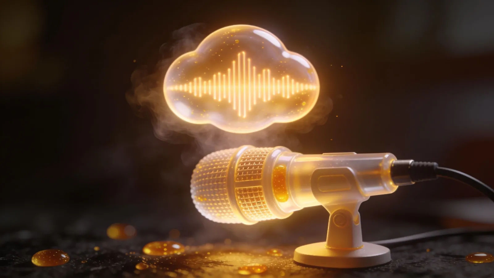 Glowing waveform above a desk microphone