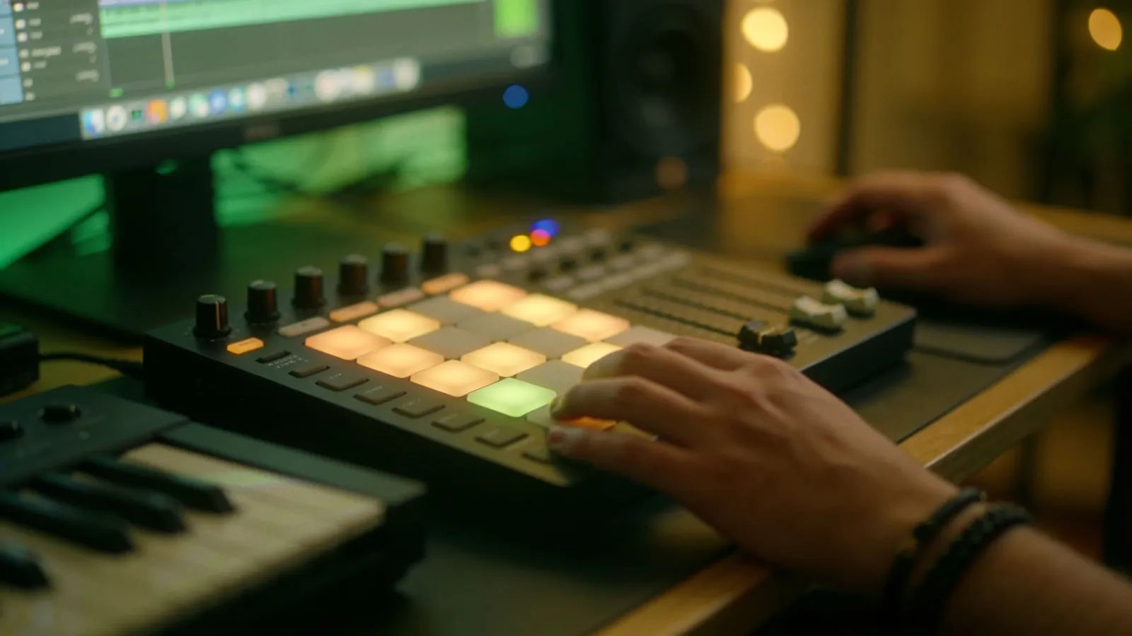 Hands on home-studio desk mixer