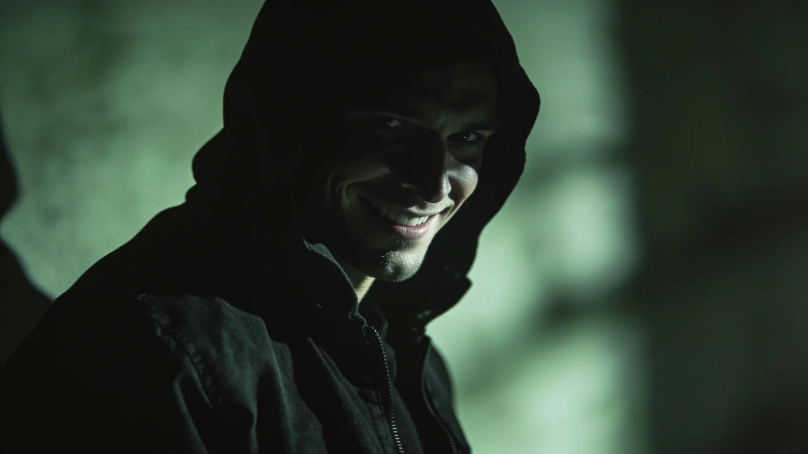 Menacing shadowed figure with cold sneer, low-key light