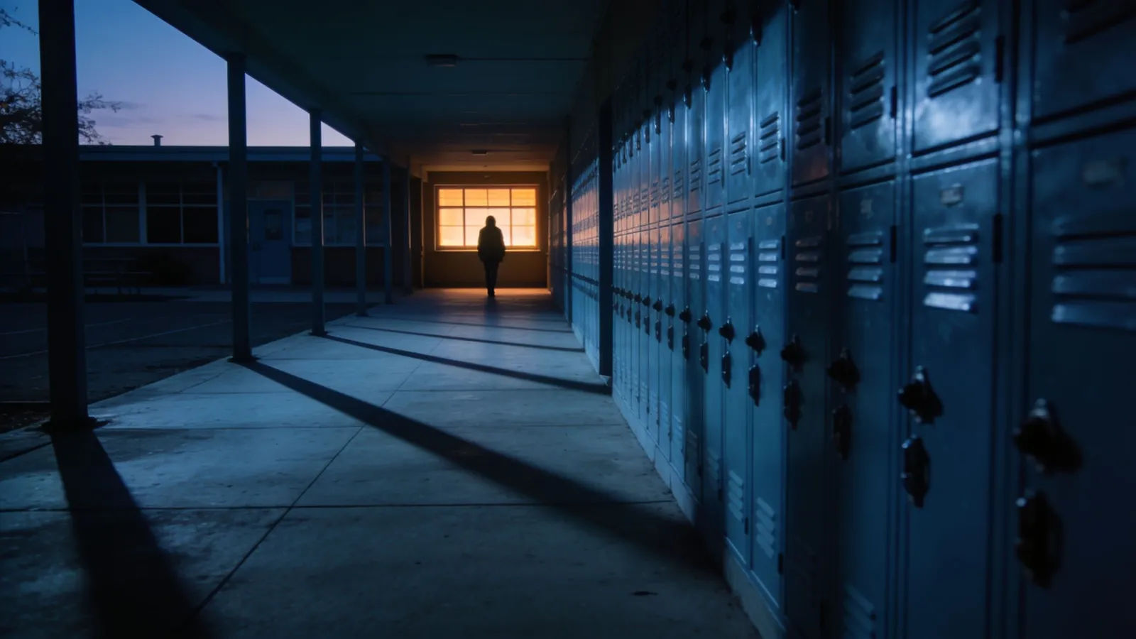 Empty schoolyard corridor at dusk, long cold shadows