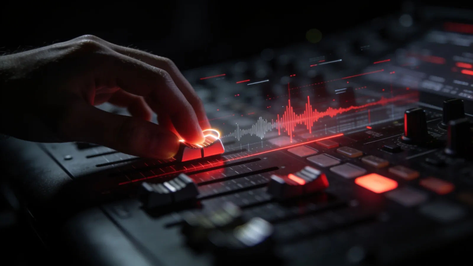 Hands shaping red-grey waveform on dark console