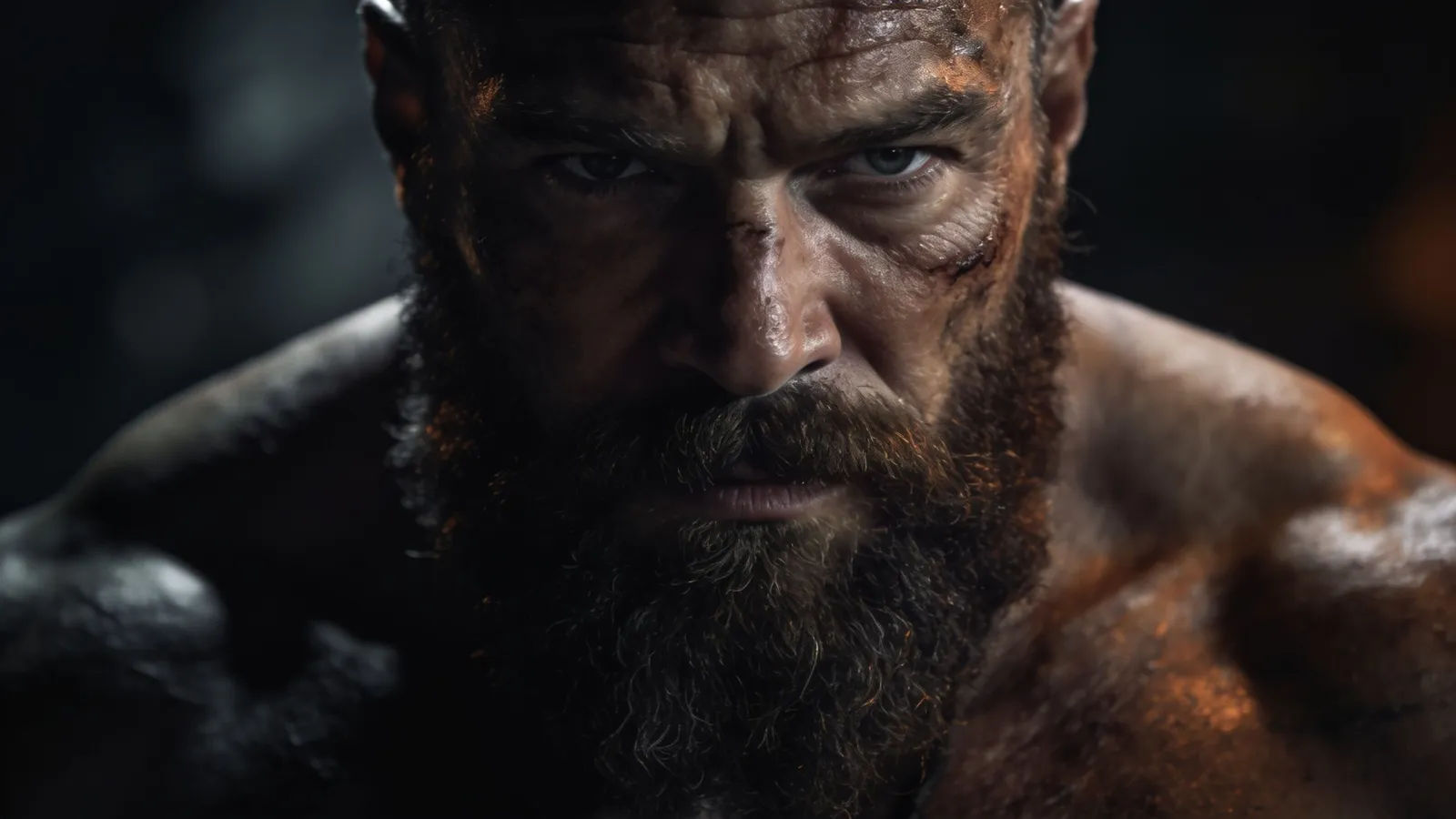 Rugged bearded broad-shouldered character in low light