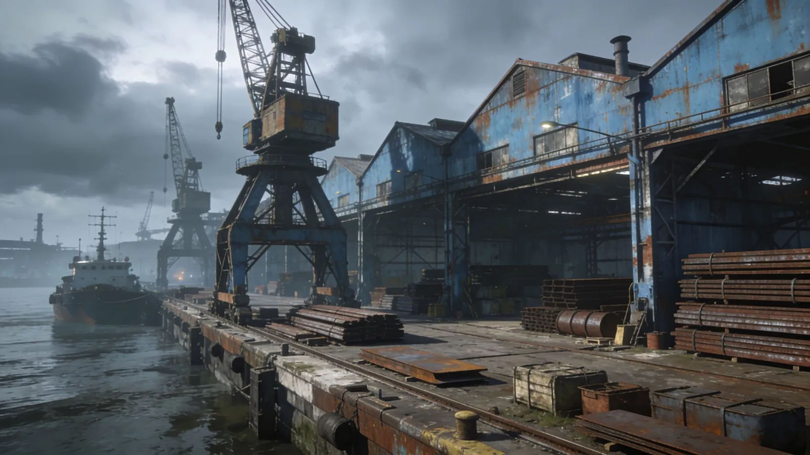 Gritty industrial dockyard with cranes and steel