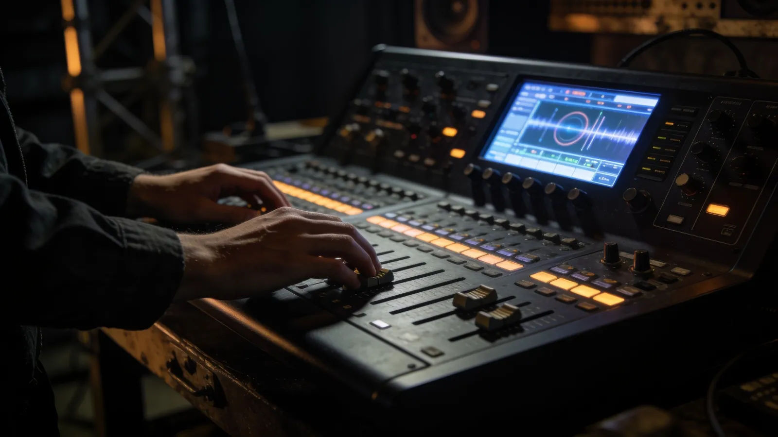 Hands at dark mixing console with audio UI