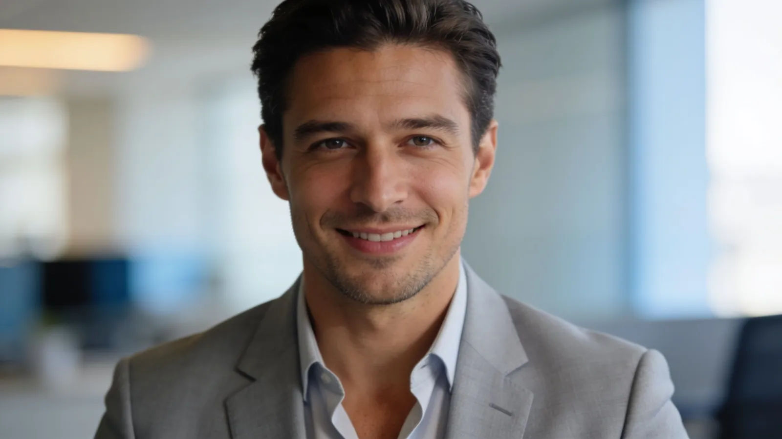Polished businessman smiling, bright office portrait