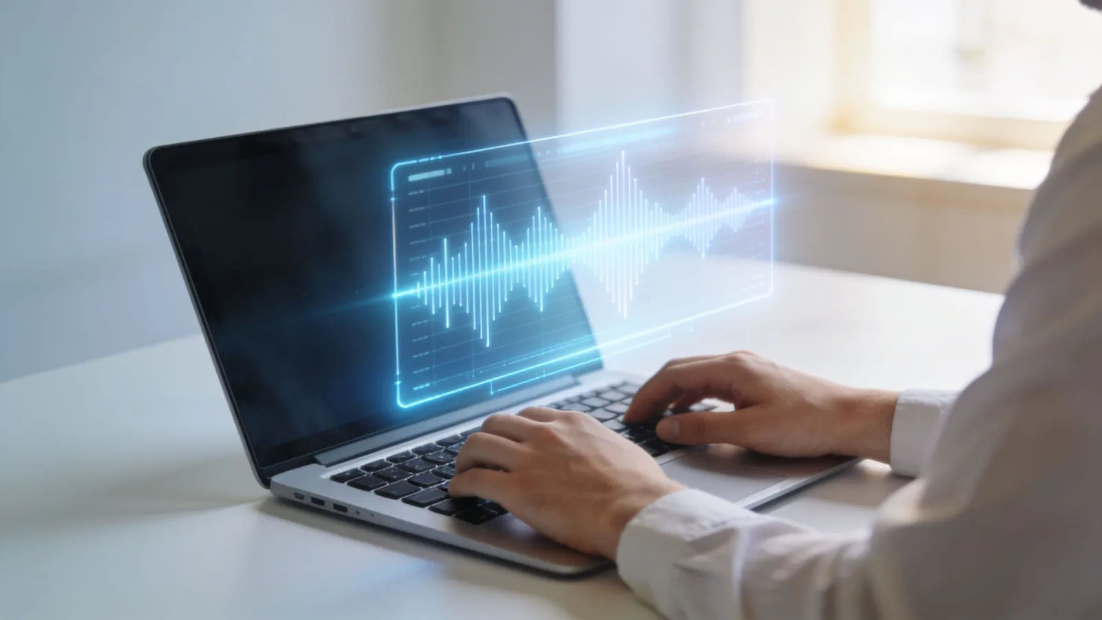 Hands at laptop with floating audio waveform