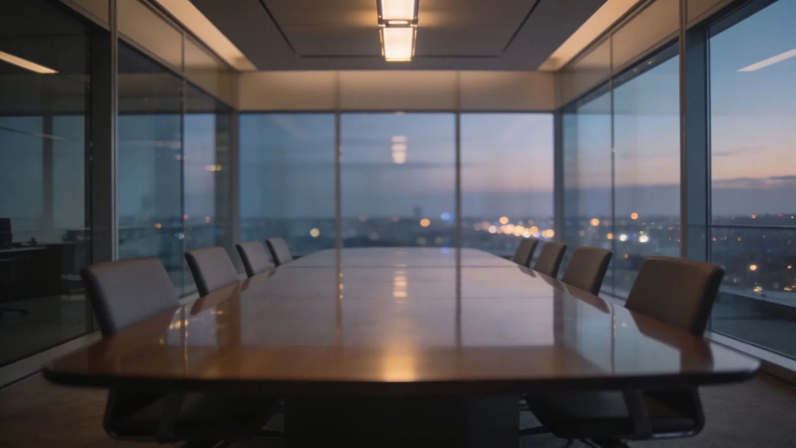 Sleek modern boardroom at dusk