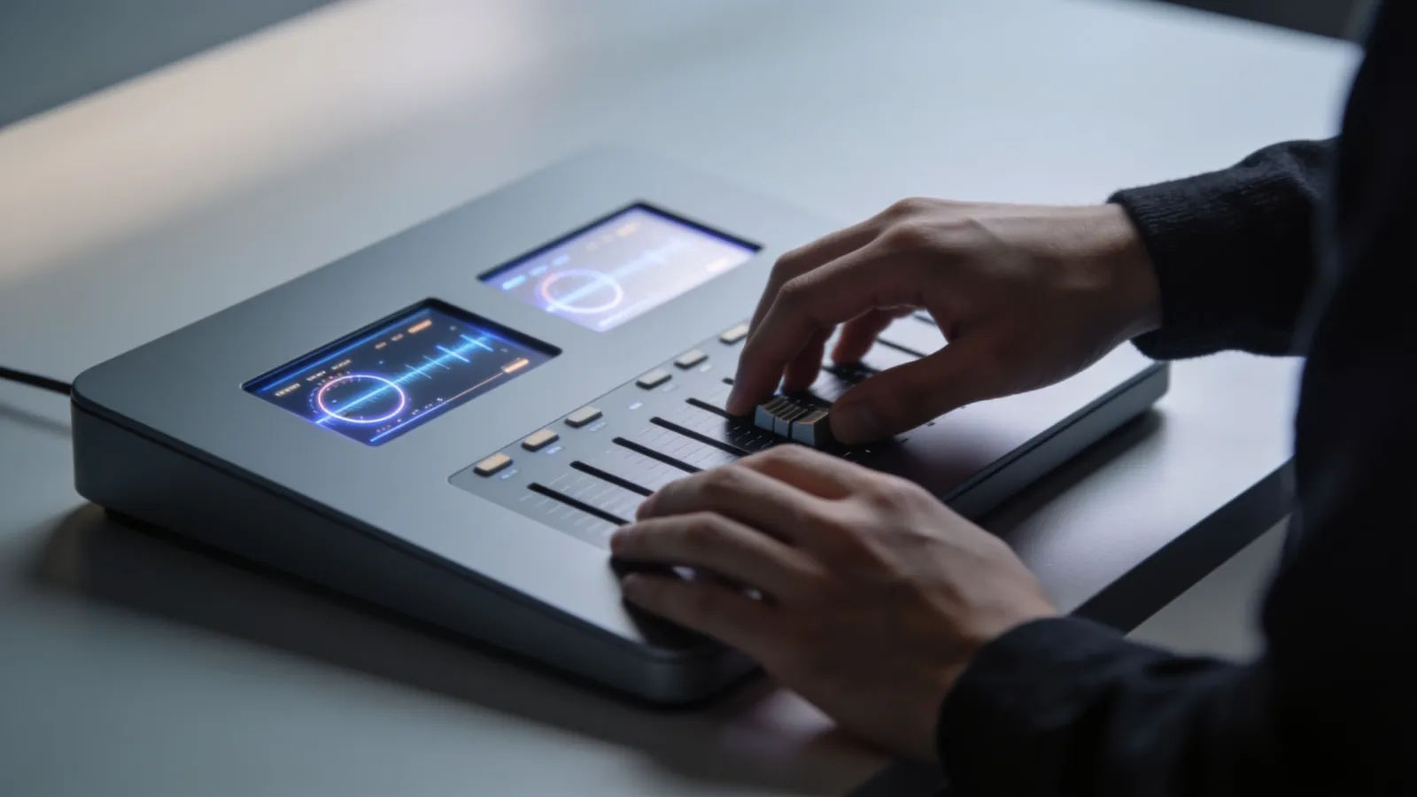 Hands at minimalist console with audio panels