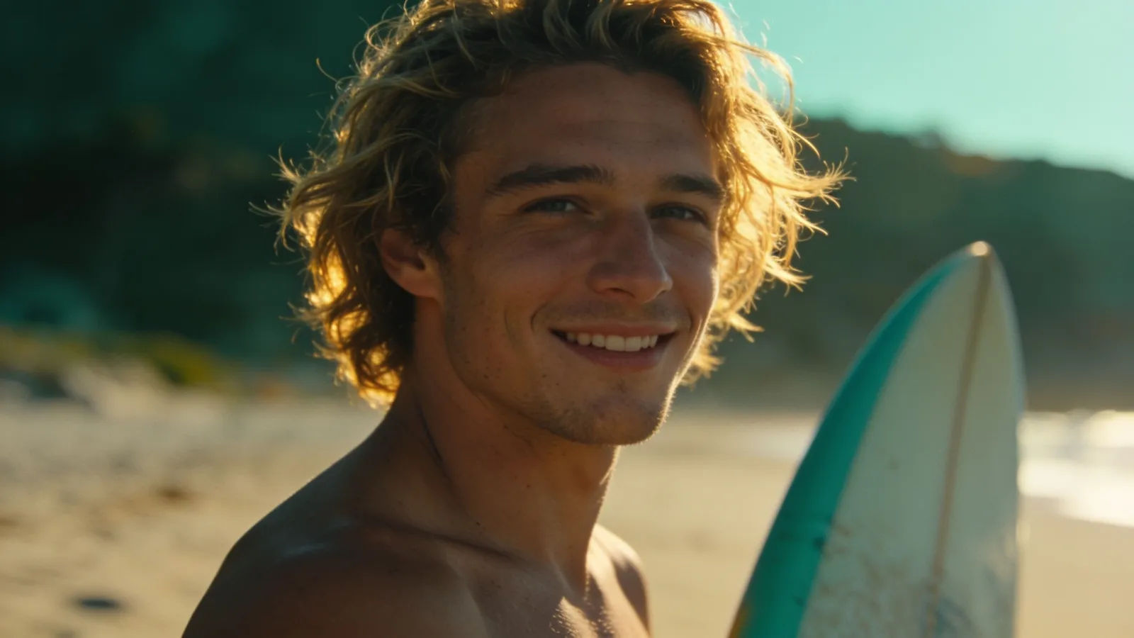 Laid-back young surfer grinning in golden backlight