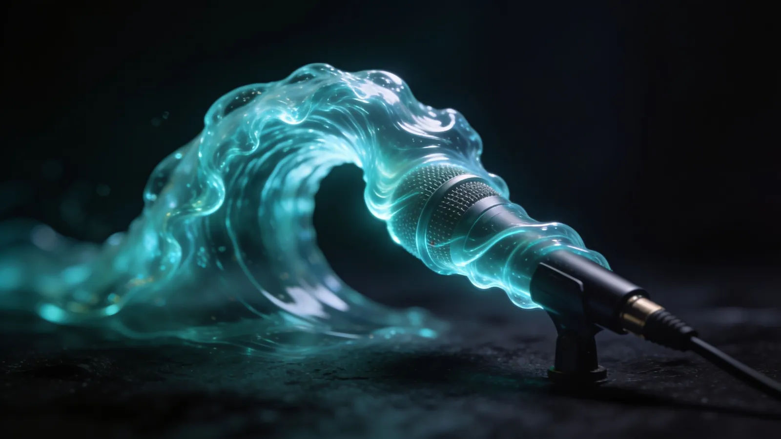 Aqua wave-like waveform across a studio microphone