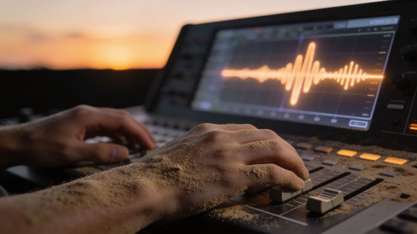 Sandy hands at a glowing audio console