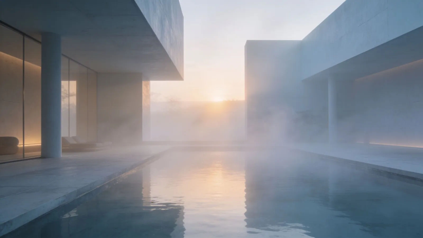 Tranquil minimalist wellness space at soft sunrise