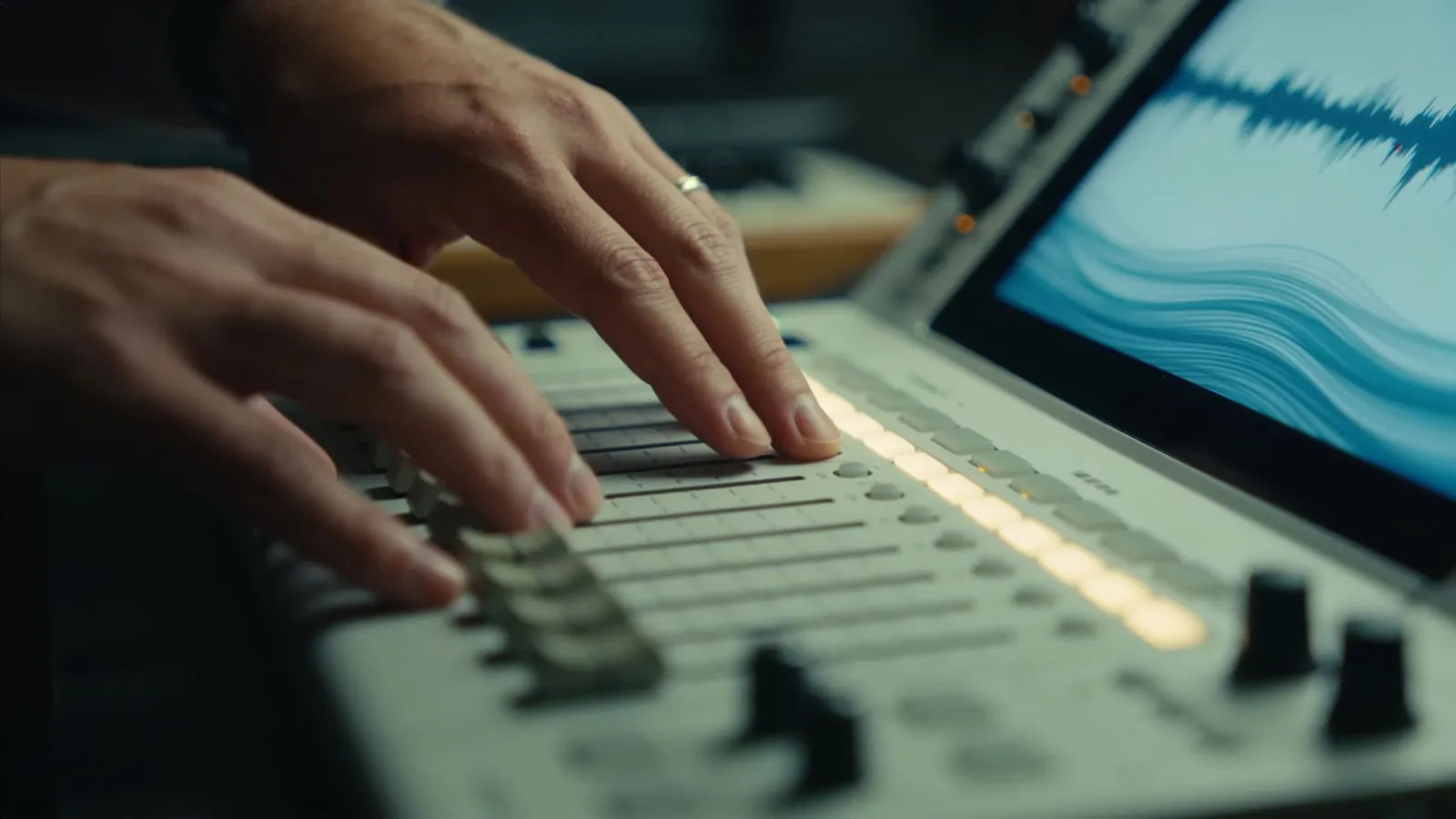 Hands resting at softly lit audio console