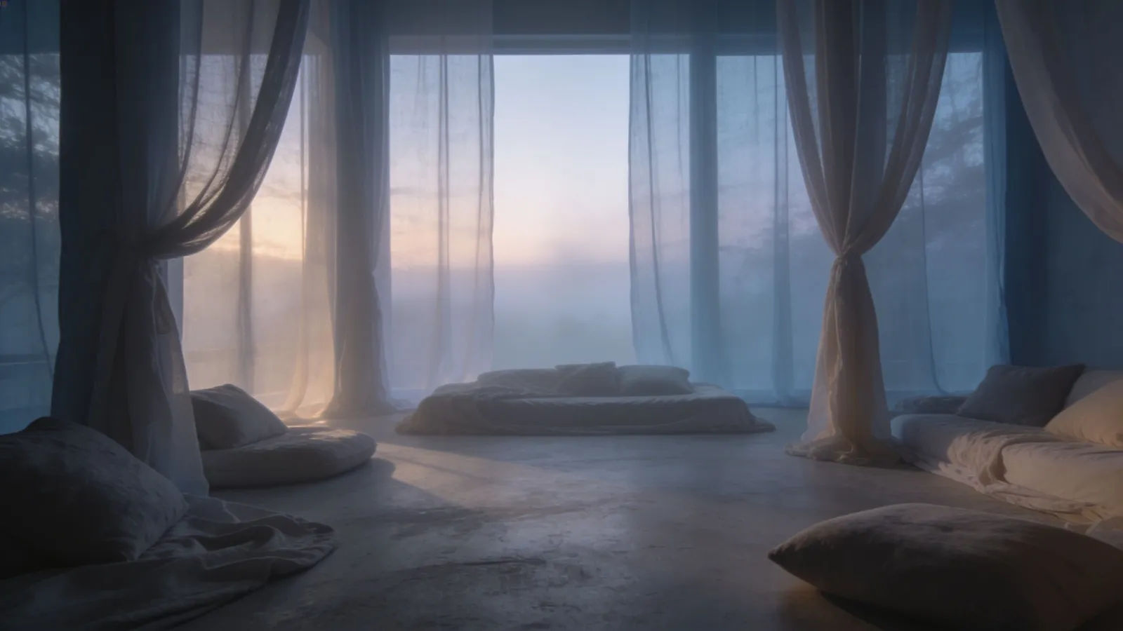 Tranquil wellness meditation space at soft dawn