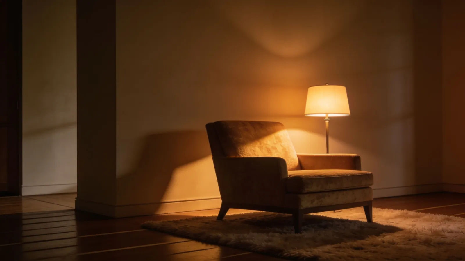 Softly lit reading lounge with glowing lamp
