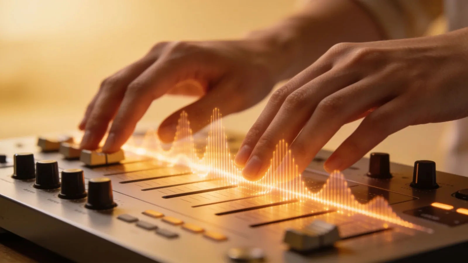 Hands gliding over a warm glowing audio interface