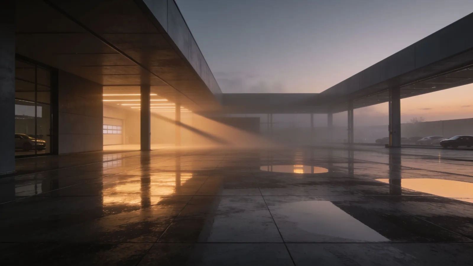 Glossy empty generic car showroom at dusk