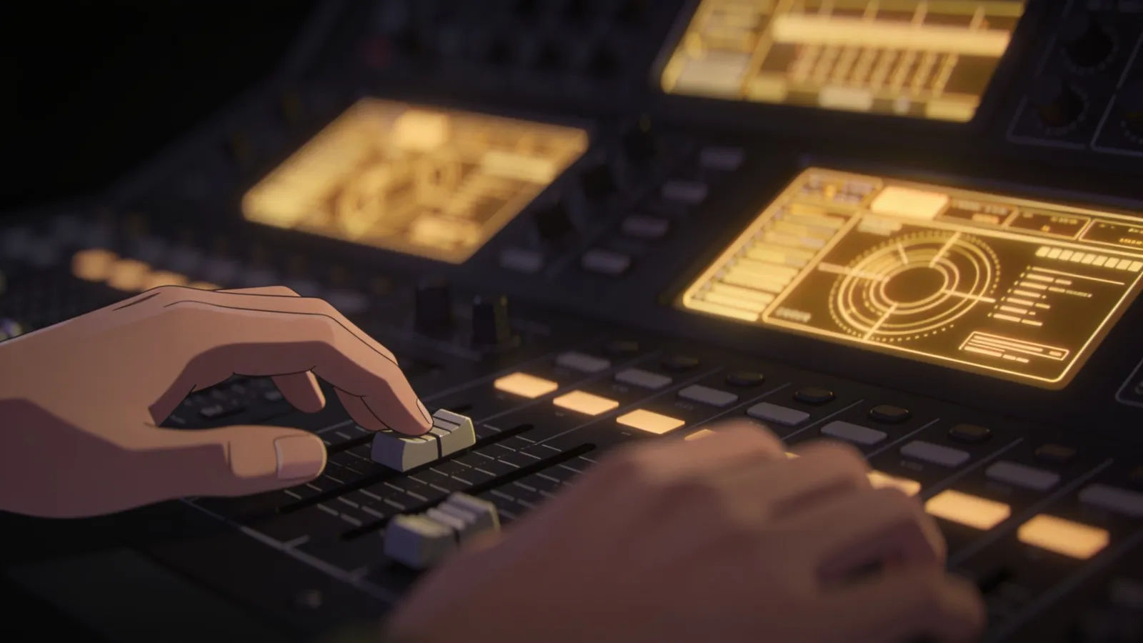 Hands gesturing over console with gold audio UI