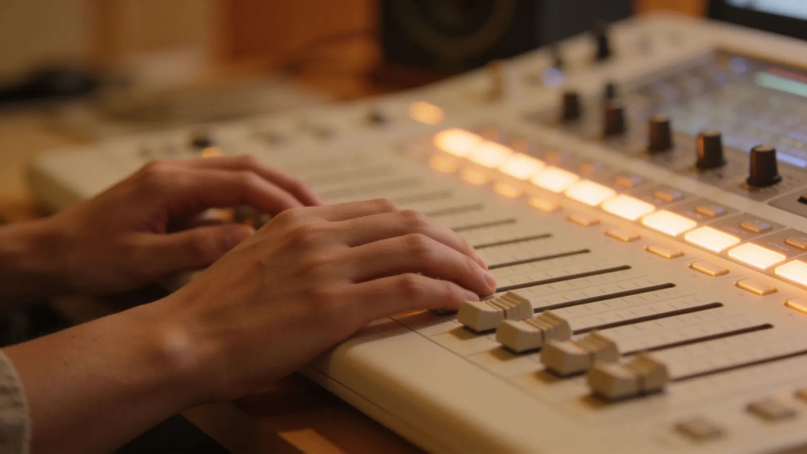 Hands resting gently at a warm audio console
