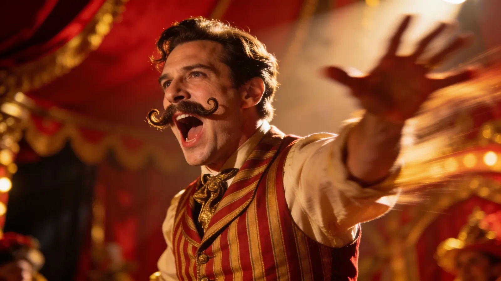 Theatrical showman pitchman mid-shout under spotlight