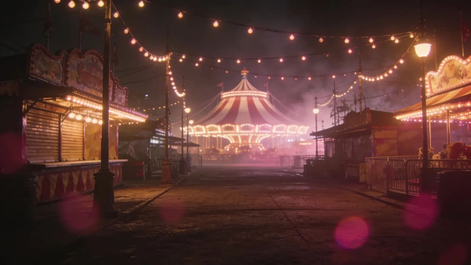 Nighttime carnival midway with glowing lights