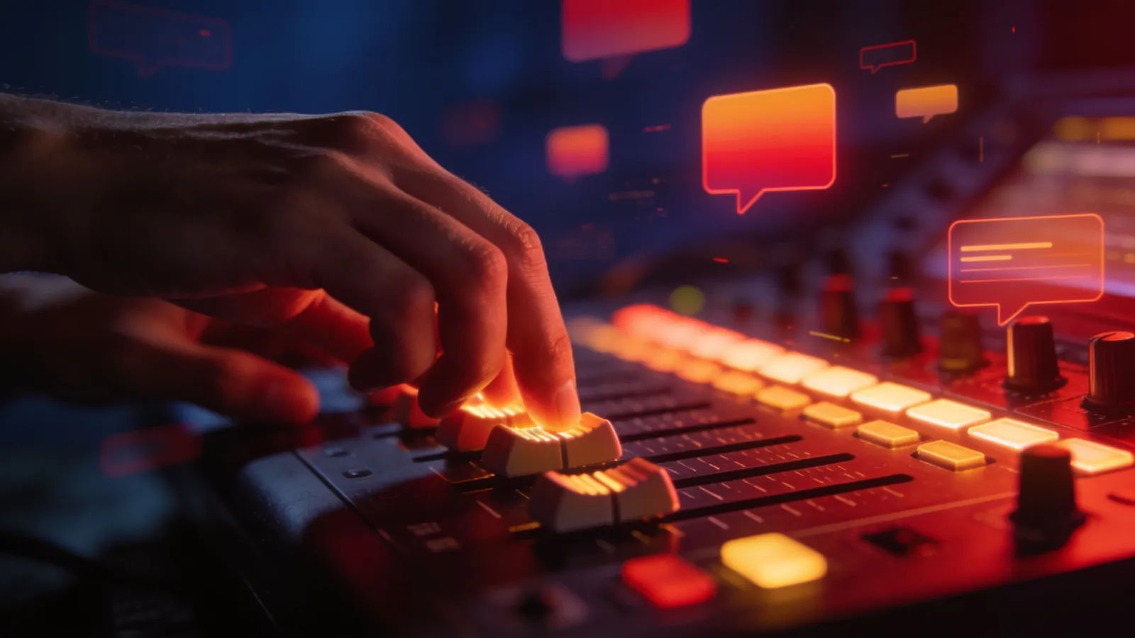 Hands at a glowing stage-lit mixing console
