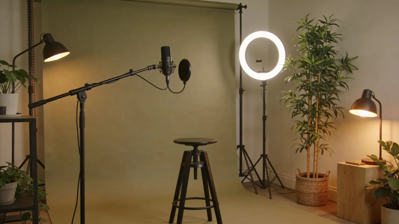 Relaxed podcast corner with boom microphone