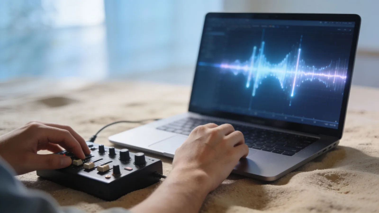 Hands at laptop with audio interface