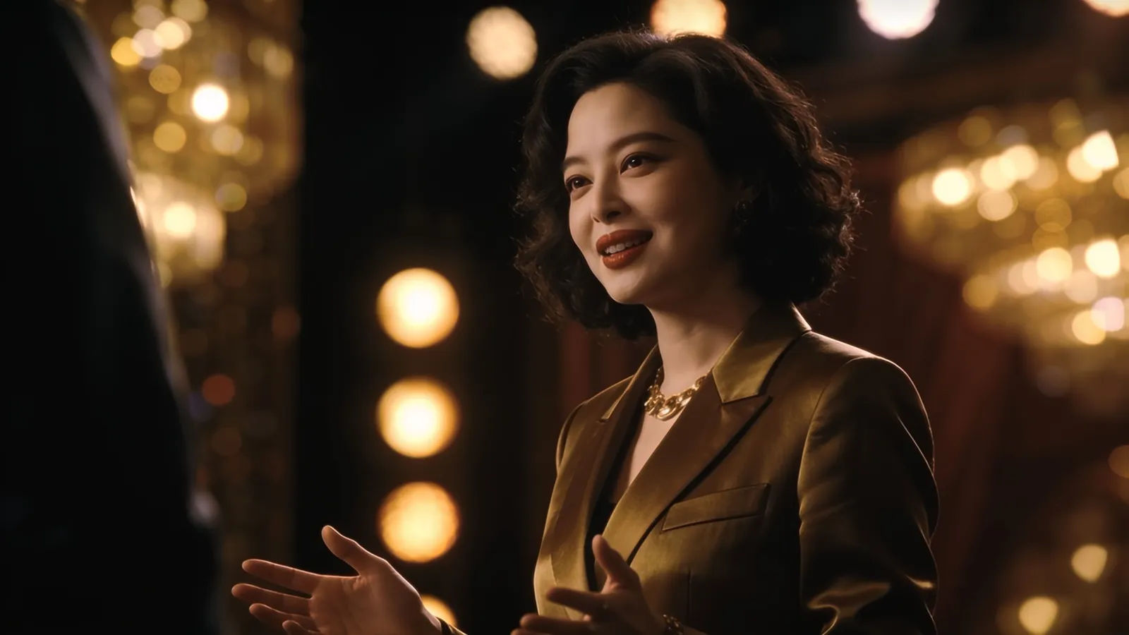 Warm smiling presenter mid-sentence, golden stage bokeh